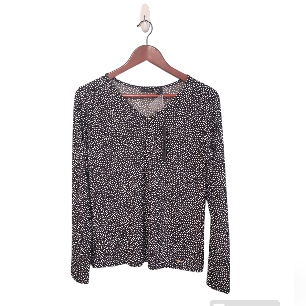 Tahari Career Womens Polka Dot Logo Blouse Business Casual Size Medium New